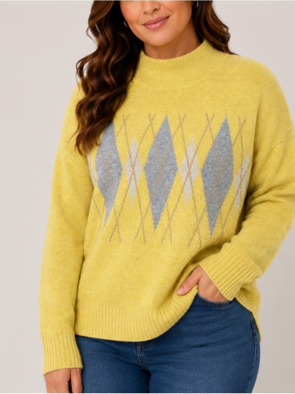 Verve Ami Yellow/gray Argyle Mock-Neck Sweater SZ LG preppy collegiant